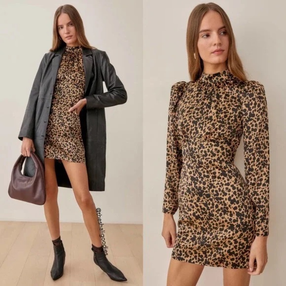 REFORMATION Samuel Dress Leopard Print Brown Black Silk